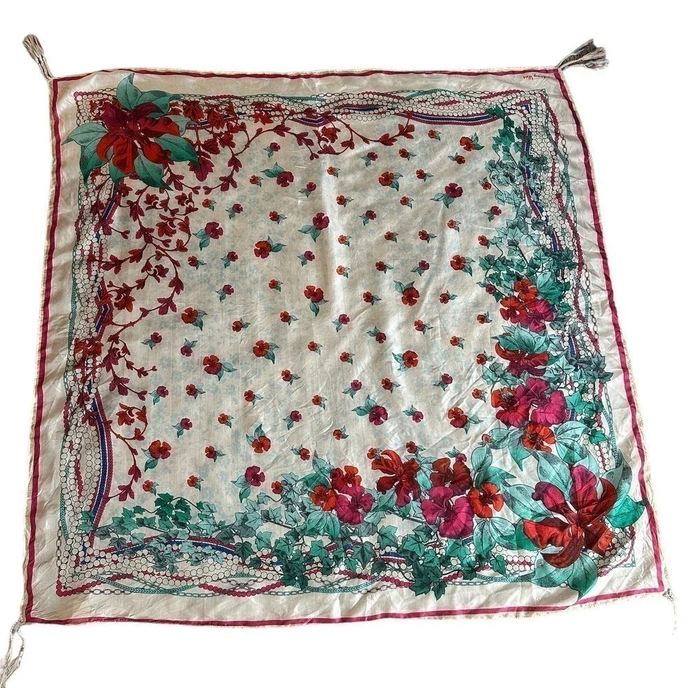 Johnny Was Large Silk Floral scarf shawl square Cover up oversized tassels pearl